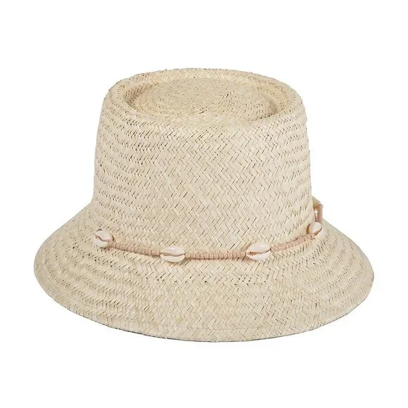 New Wyeth Seashell-Embellished Chin Strap Natural Straw Bucket Hat One Size NWT
